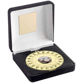 BLACK VELVET BOX AND 70mm FOOTBALL MEDAL TROPHY (1in CENTRE) GOLD - 4in